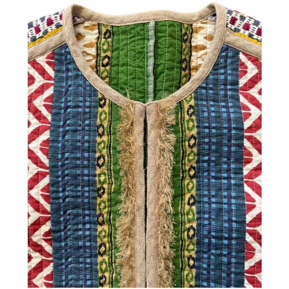 Cropped Boho chic round neck quilted colorful fringed jacket x small - Picture 6 of 12